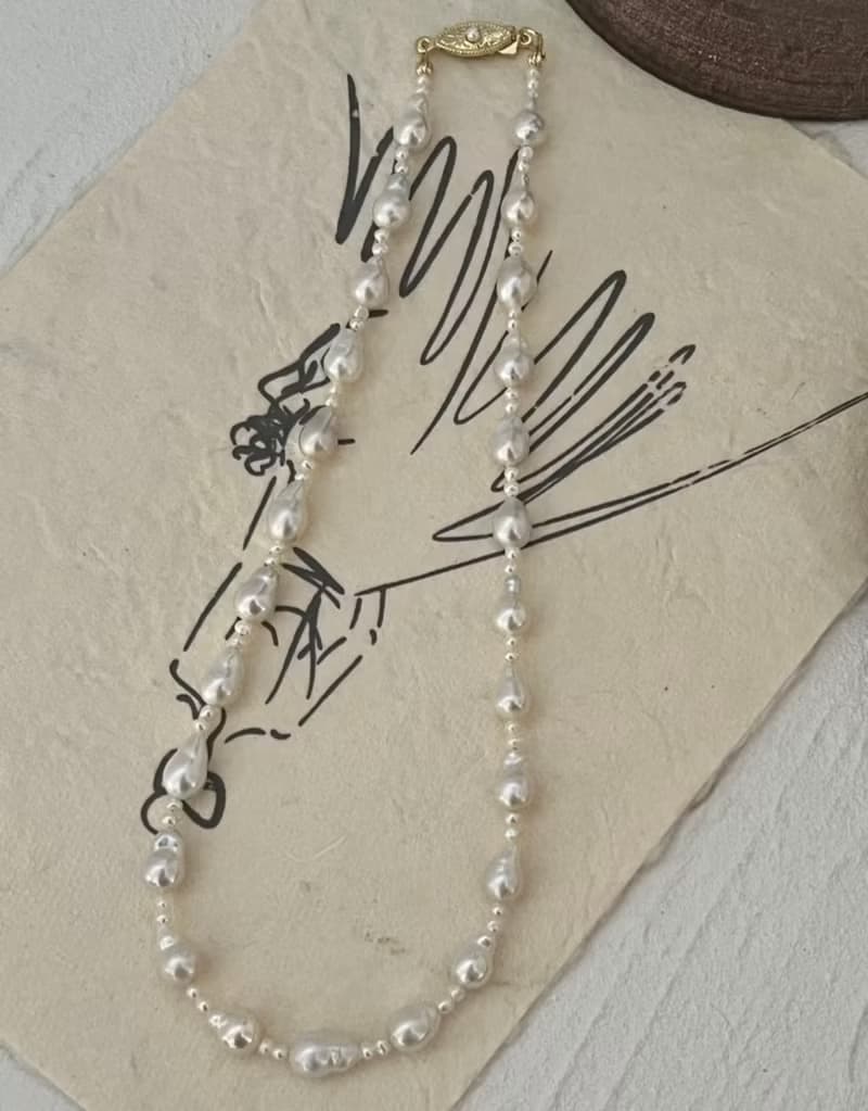 YuanPearl天然水滴型極光巴洛克珍珠設計款項鍊人魚淚眼18k包金配