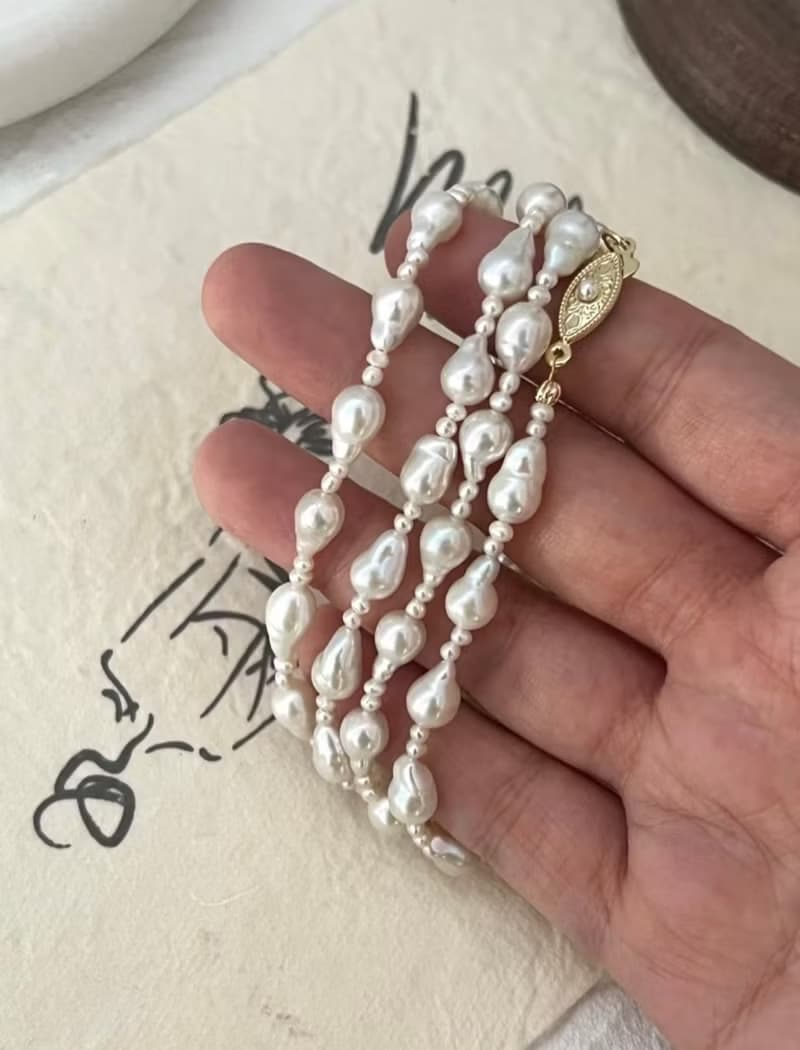 YuanPearl天然水滴型極光巴洛克珍珠設計款項鍊人魚淚眼18k包金配