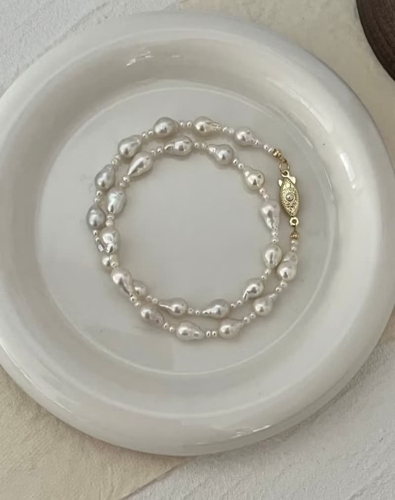 YuanPearl天然水滴型極光巴洛克珍珠設計款項鍊人魚淚眼18k包金配