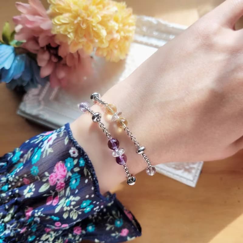 冰島罌粟。紫水晶x黃水晶x白水晶白鋼手鍊  不怕水不變色