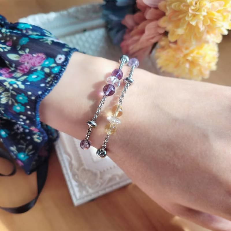 冰島罌粟。紫水晶x黃水晶x白水晶白鋼手鍊  不怕水不變色