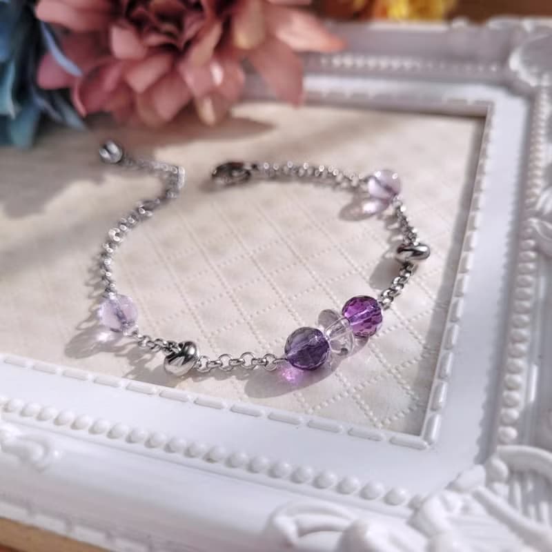 冰島罌粟。紫水晶x黃水晶x白水晶白鋼手鍊  不怕水不變色