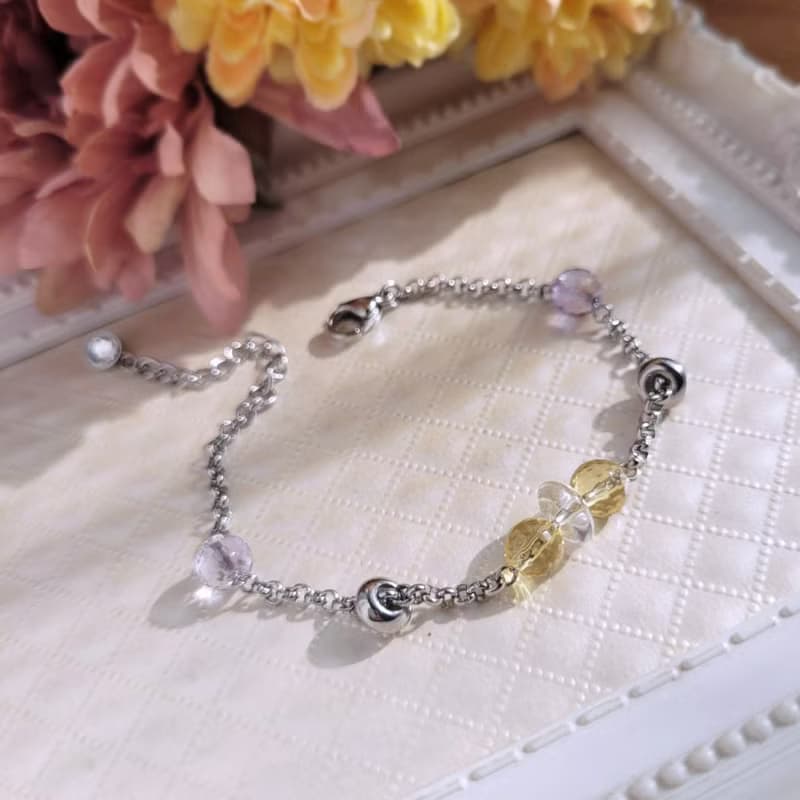 冰島罌粟。紫水晶x黃水晶x白水晶白鋼手鍊  不怕水不變色