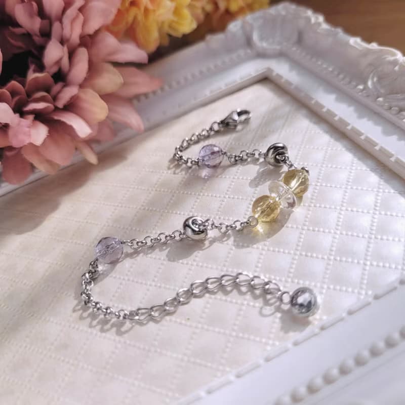 冰島罌粟。紫水晶x黃水晶x白水晶白鋼手鍊  不怕水不變色