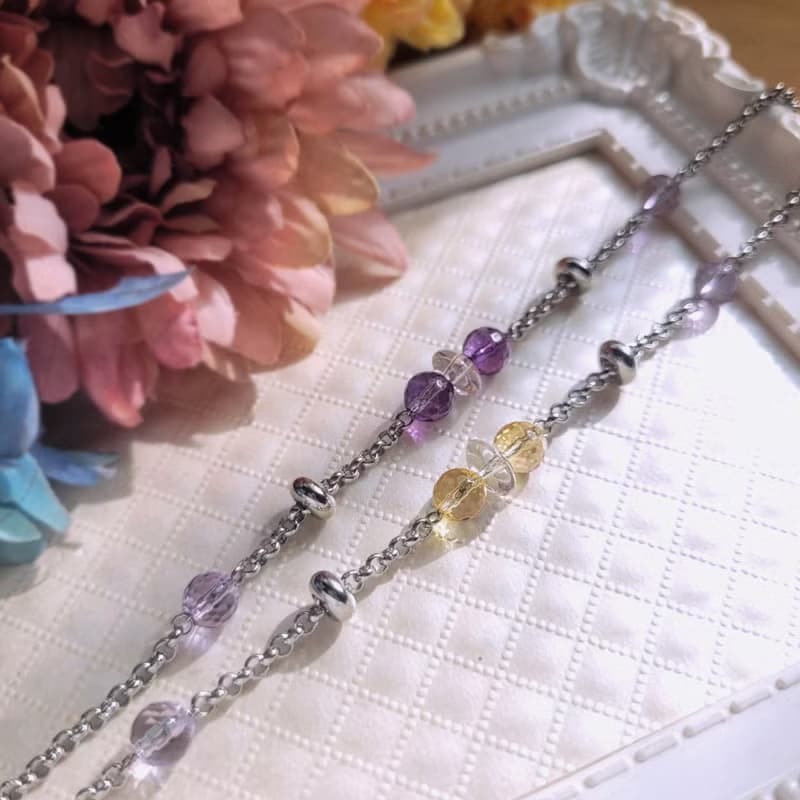 冰島罌粟。紫水晶x黃水晶x白水晶白鋼手鍊  不怕水不變色