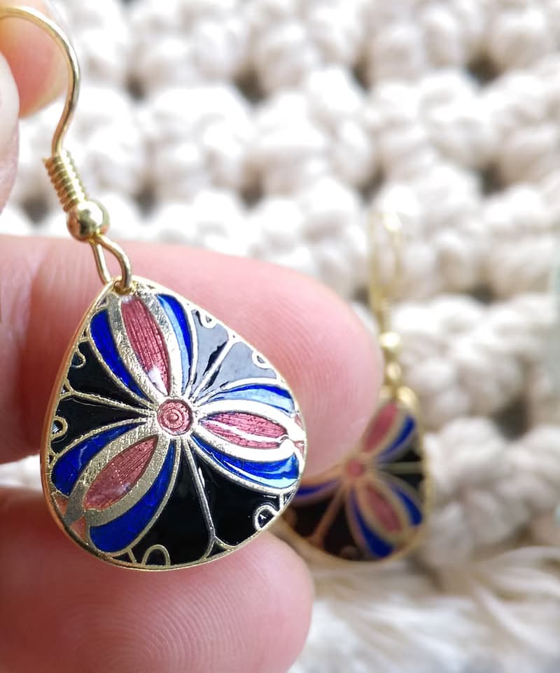 Vintage Jewelry  西洋古董飾品 景泰藍 黑底放射 耳勾 針式耳環