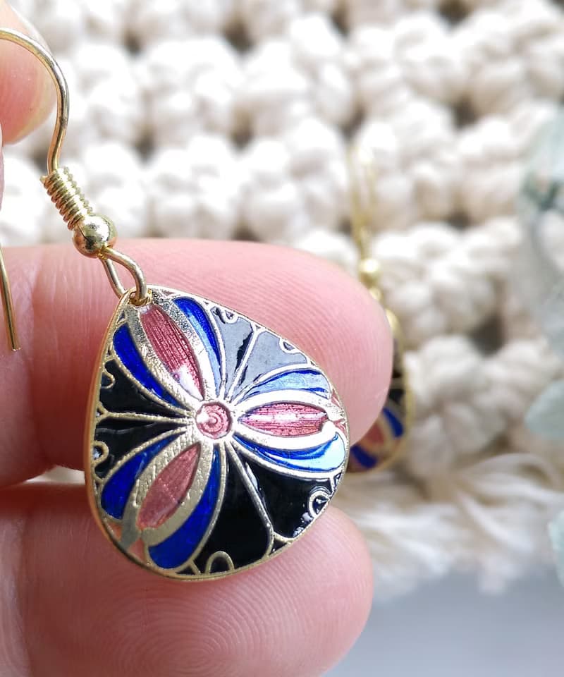 Vintage Jewelry  西洋古董飾品 景泰藍 黑底放射 耳勾 針式耳環