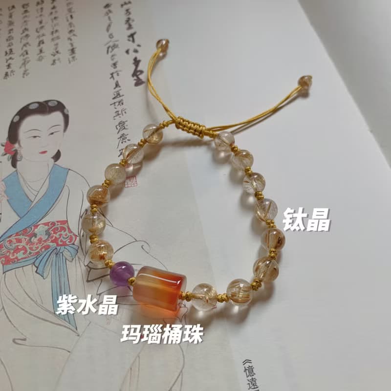 手作 金雁城。天然鈦晶復古編織手鏈 瑪瑙桶珠紫水晶手繩中式禪意