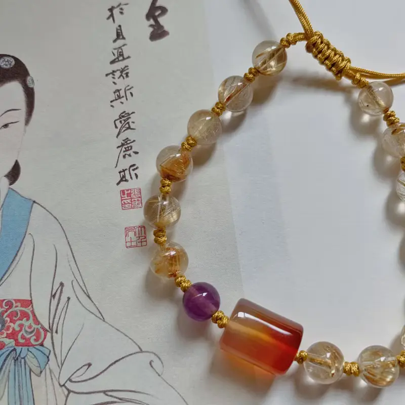 手作 金雁城。天然鈦晶復古編織手鏈 瑪瑙桶珠紫水晶手繩中式禪意