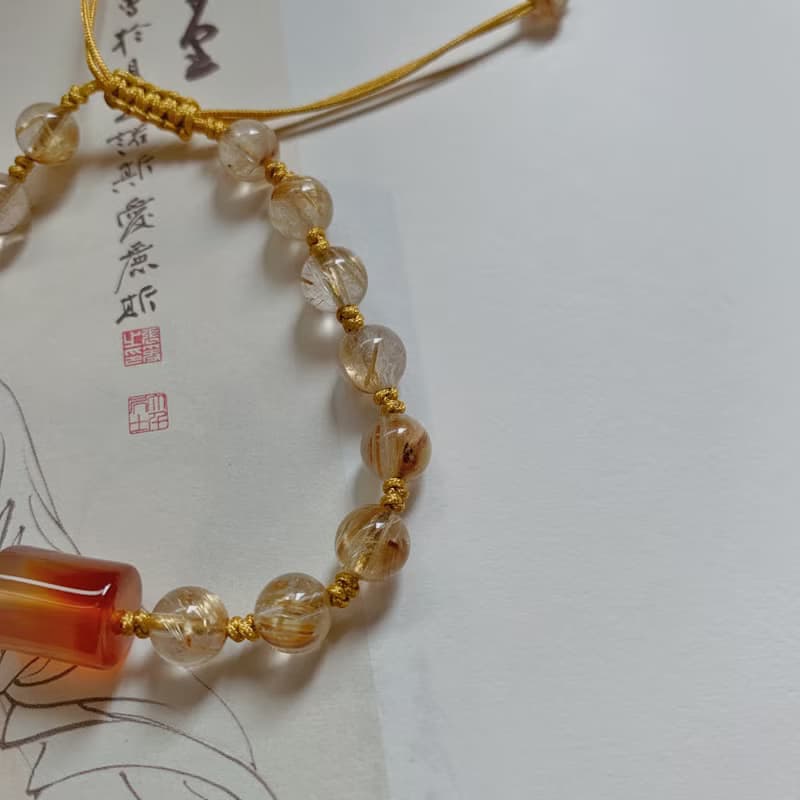 手作 金雁城。天然鈦晶復古編織手鏈 瑪瑙桶珠紫水晶手繩中式禪意