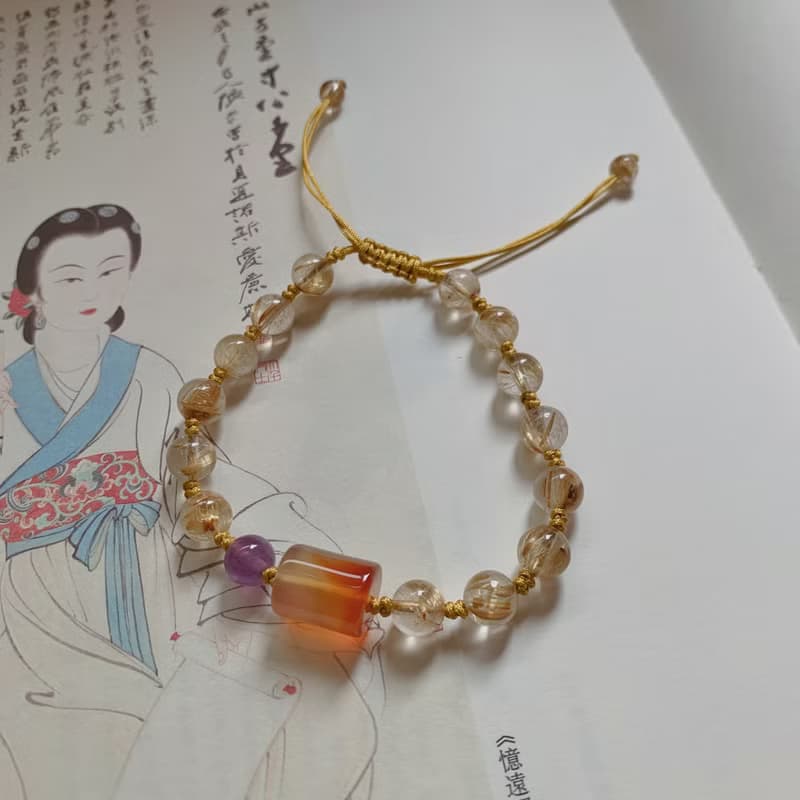 手作 金雁城。天然鈦晶復古編織手鏈 瑪瑙桶珠紫水晶手繩中式禪意