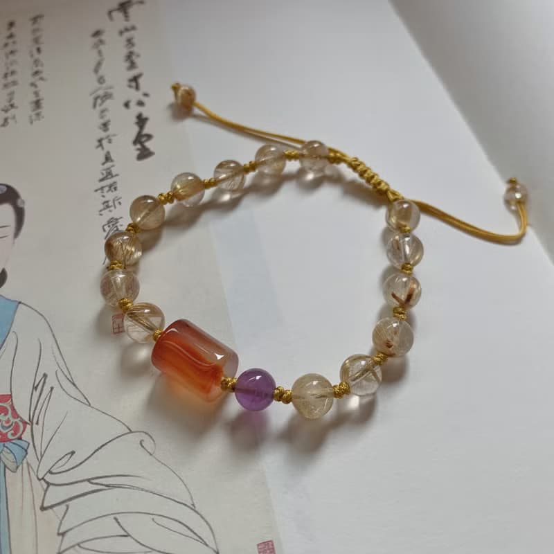 手作 金雁城。天然鈦晶復古編織手鏈 瑪瑙桶珠紫水晶手繩中式禪意