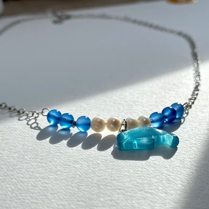【藍色世界】海藍瑪瑙淡水珍珠海豚鍍銀項鏈 勇氣自信心 保護鼓勵