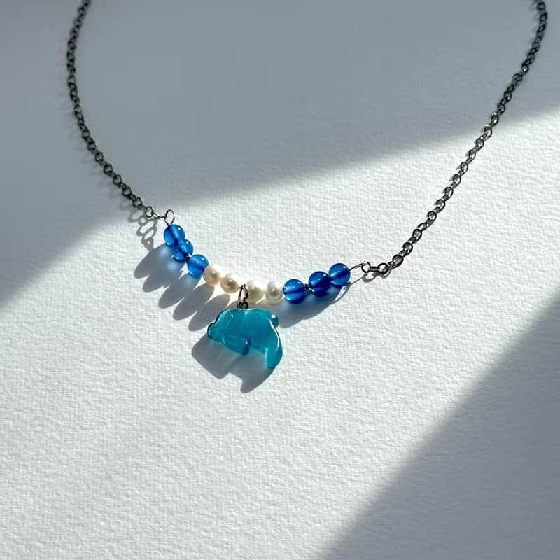 【藍色世界】海藍瑪瑙淡水珍珠海豚鍍銀項鏈 勇氣自信心 保護鼓勵