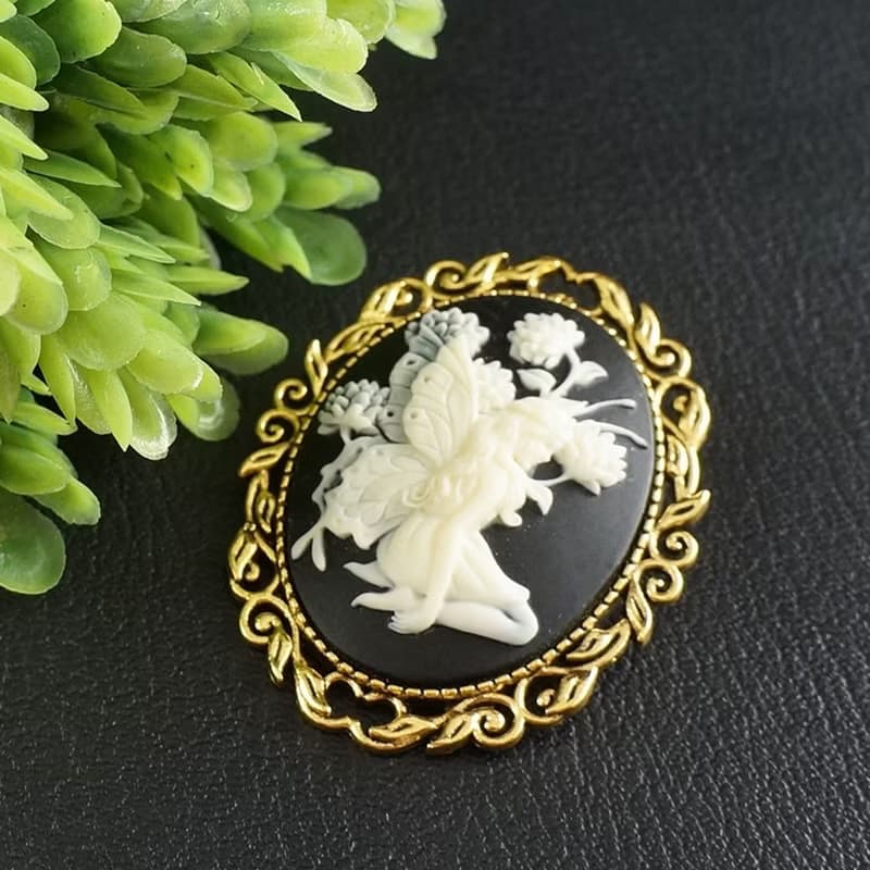 Ivory on Black Fairy Floral Lady Cameo Oval Golden Brooch Pin Woman Jewelry Gift