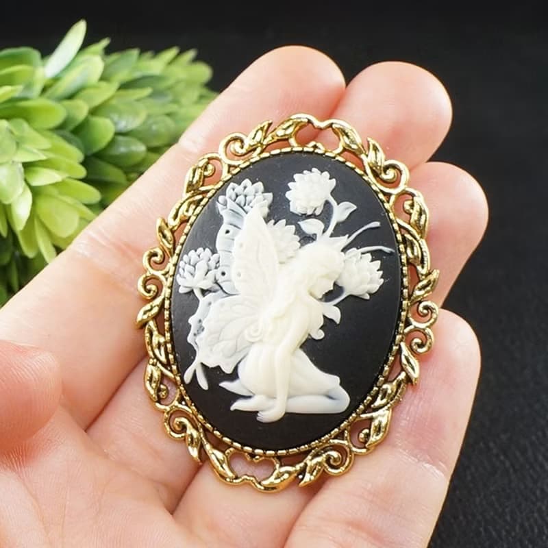Ivory on Black Fairy Floral Lady Cameo Oval Golden Brooch Pin Woman Jewelry Gift