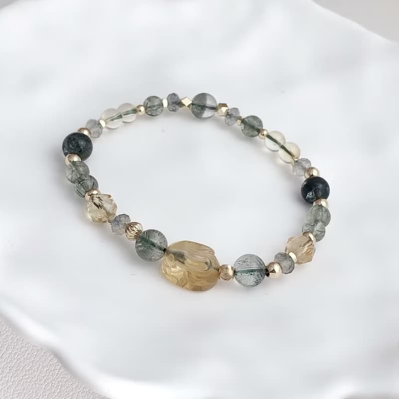 黃水晶、綠幽靈、綠髮晶、拉長石 天然石手鍊