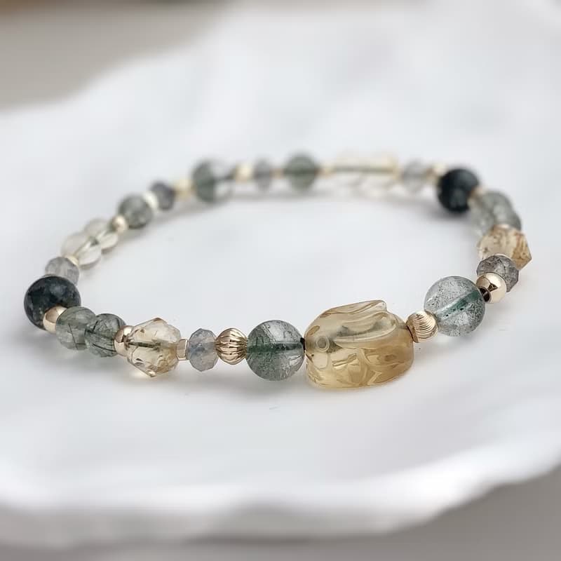 黃水晶、綠幽靈、綠髮晶、拉長石 天然石手鍊