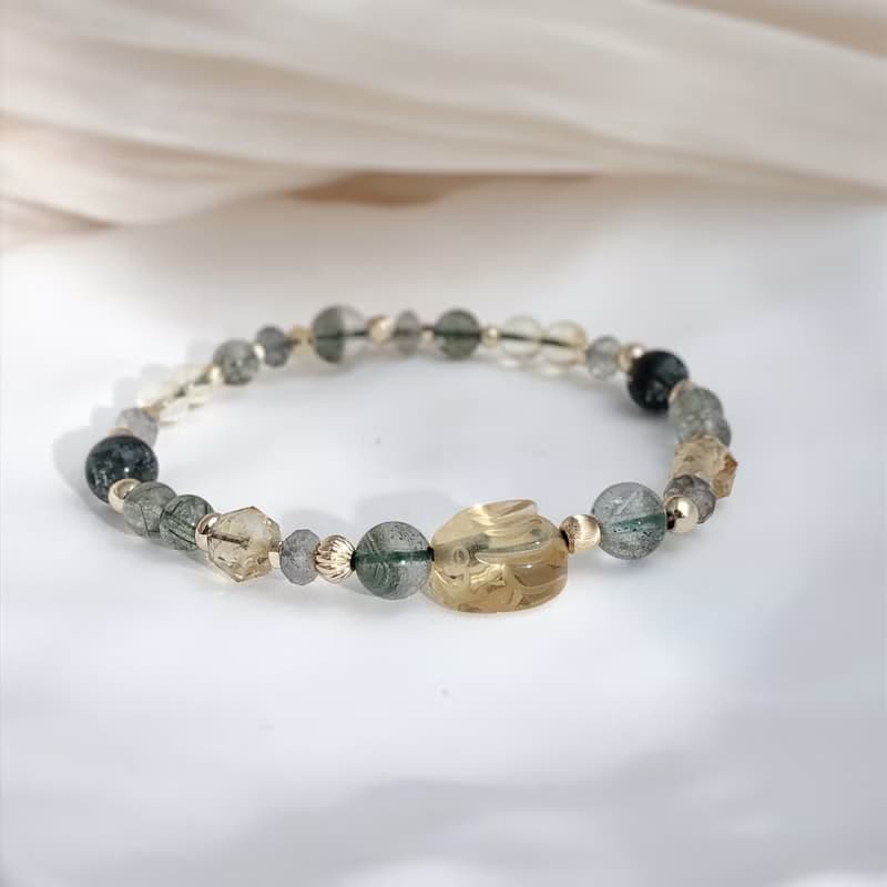 黃水晶、綠幽靈、綠髮晶、拉長石 天然石手鍊