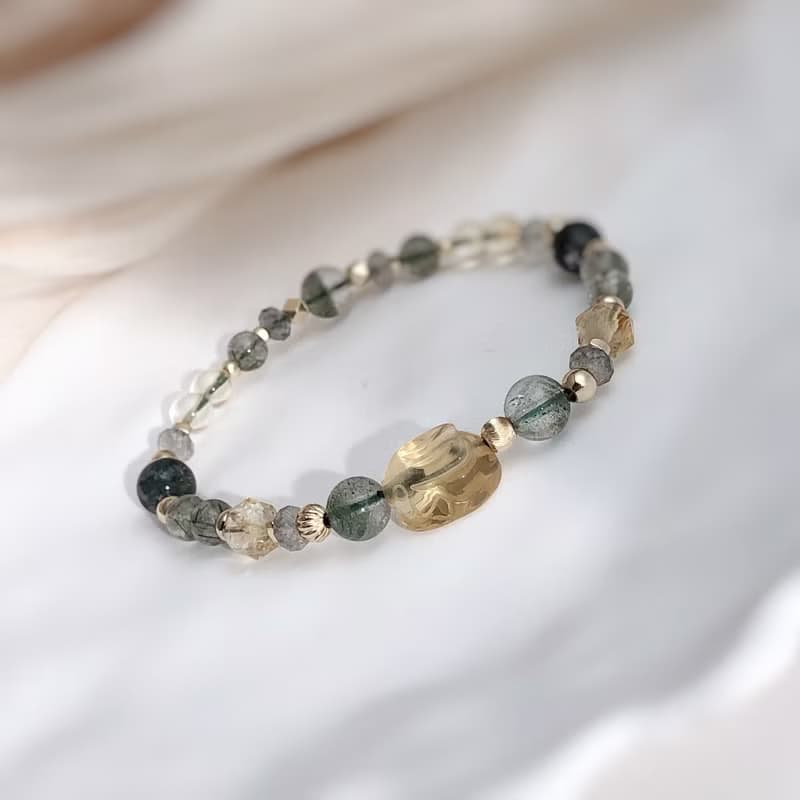 黃水晶、綠幽靈、綠髮晶、拉長石 天然石手鍊