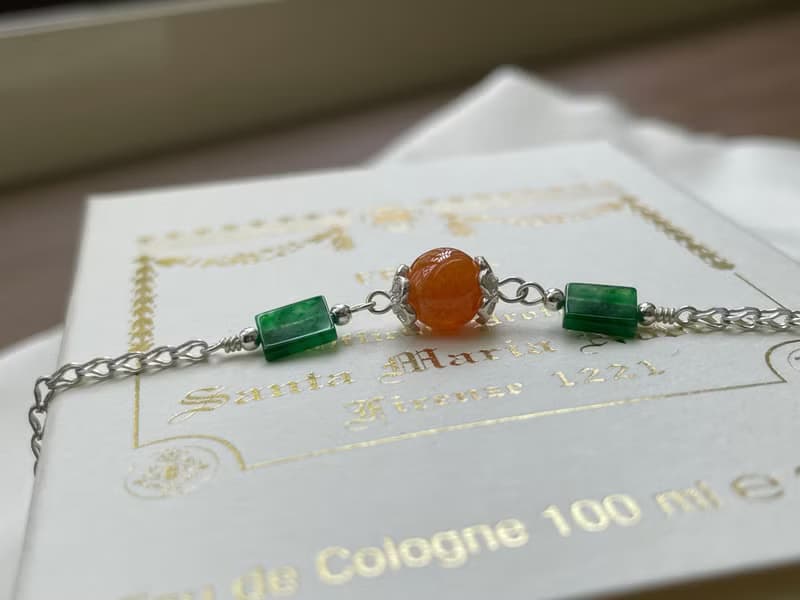 加冕//天然翡翠A貨 紅翡 冰種辣綠方片 925銀 手鍊