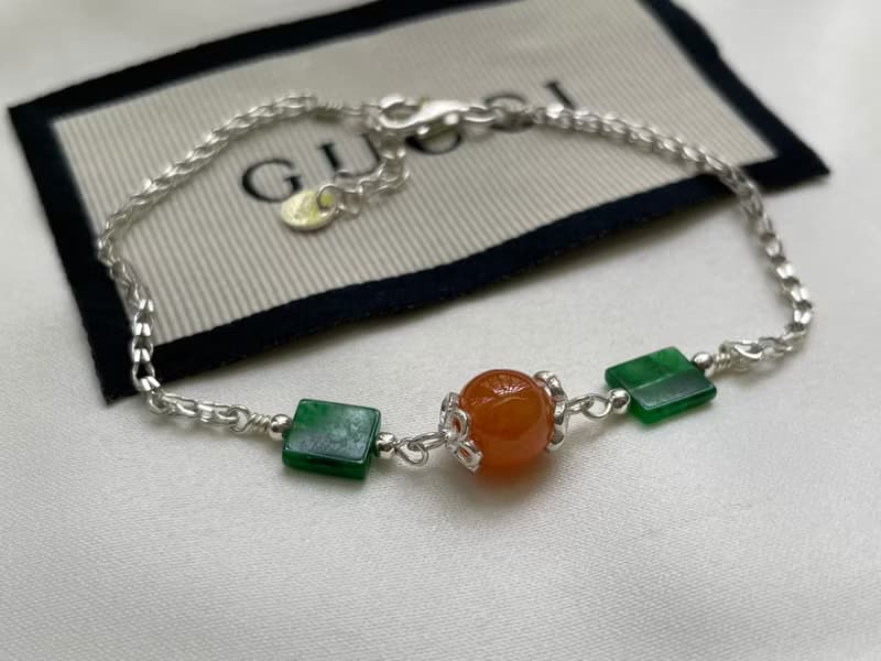 加冕//天然翡翠A貨 紅翡 冰種辣綠方片 925銀 手鍊