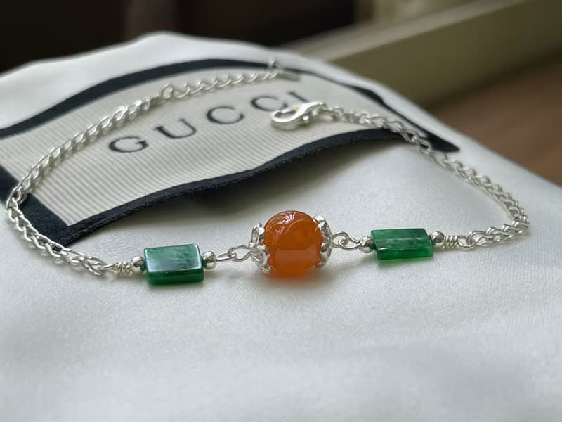 加冕//天然翡翠A貨 紅翡 冰種辣綠方片 925銀 手鍊