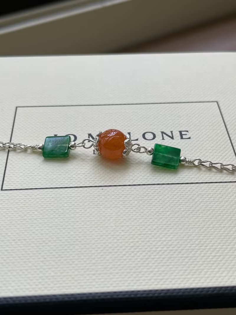 加冕//天然翡翠A貨 紅翡 冰種辣綠方片 925銀 手鍊