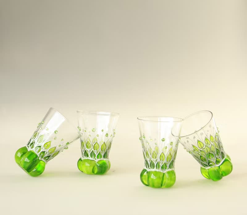 Shot Glasses Sake, Green, Set of 4, Hand-painted