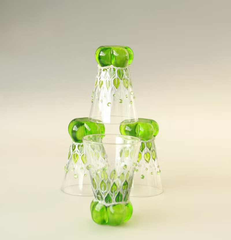 Shot Glasses Sake, Green, Set of 4, Hand-painted