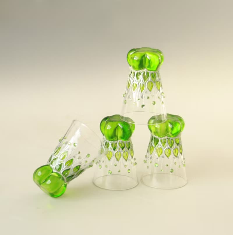 Shot Glasses Sake, Green, Set of 4, Hand-painted