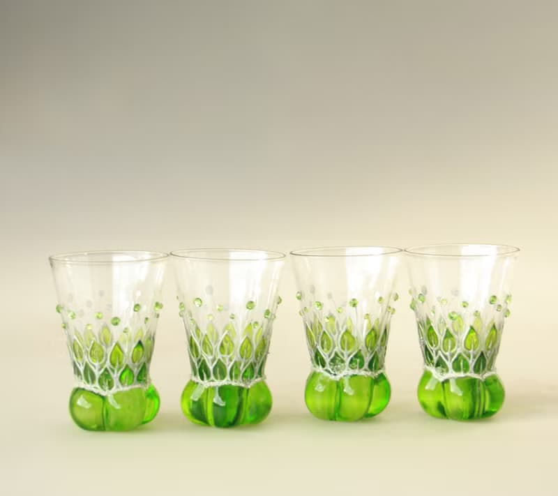 Shot Glasses Sake, Green, Set of 4, Hand-painted