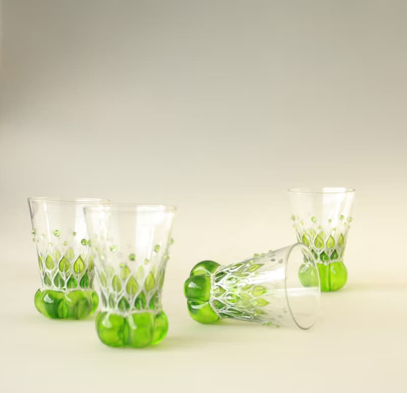 Shot Glasses Sake, Green, Set of 4, Hand-painted