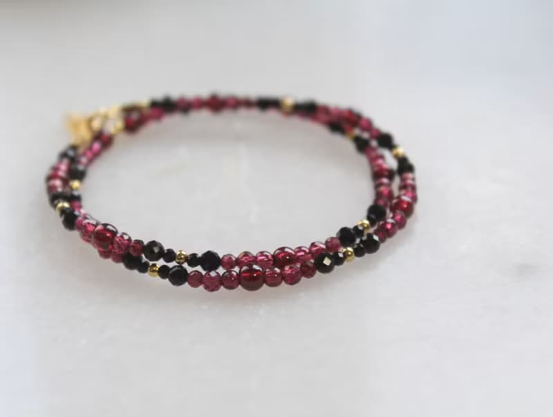 //石榴石黑尖晶手鍊// 14KGF注金 雙圈手鍊 頸鍊 兩種戴法