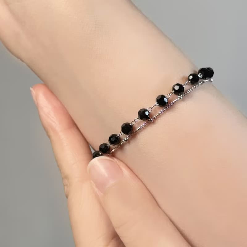 簡約黑色串珠雙鍊手鍊/質感 輕奢 銀色 黃銅飾品 輕珠寶