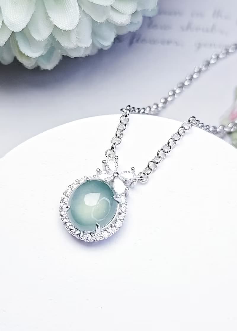 |財富女神|A貨翡翠冰玻藍水起膠大蛋面9mm純銀鍍18k精緻加粗項鍊