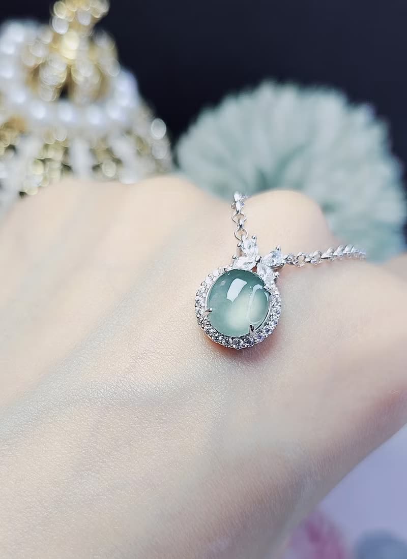 |財富女神|A貨翡翠冰玻藍水起膠大蛋面9mm純銀鍍18k精緻加粗項鍊