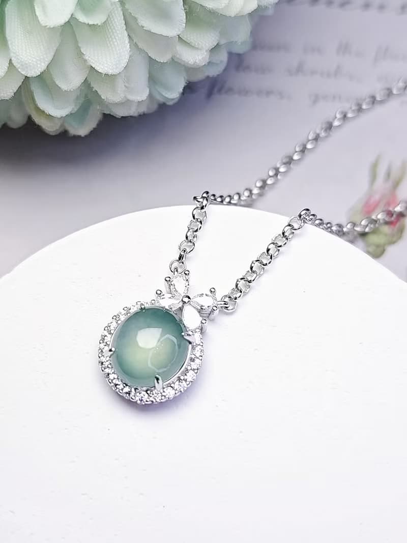 |財富女神|A貨翡翠冰玻藍水起膠大蛋面9mm純銀鍍18k精緻加粗項鍊