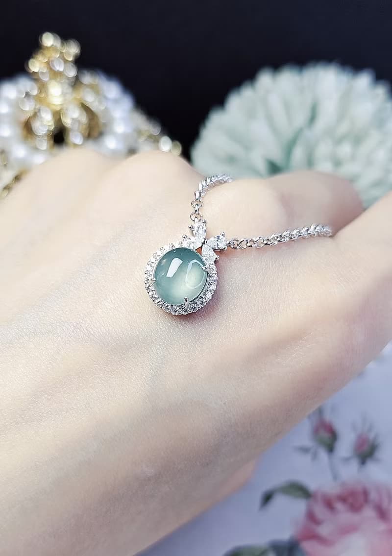 |財富女神|A貨翡翠冰玻藍水起膠大蛋面9mm純銀鍍18k精緻加粗項鍊