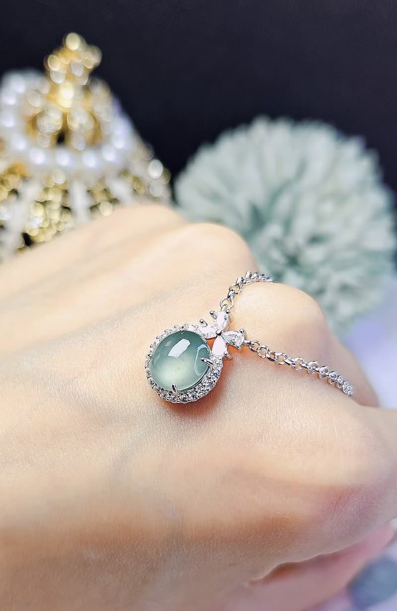 |財富女神|A貨翡翠冰玻藍水起膠大蛋面9mm純銀鍍18k精緻加粗項鍊