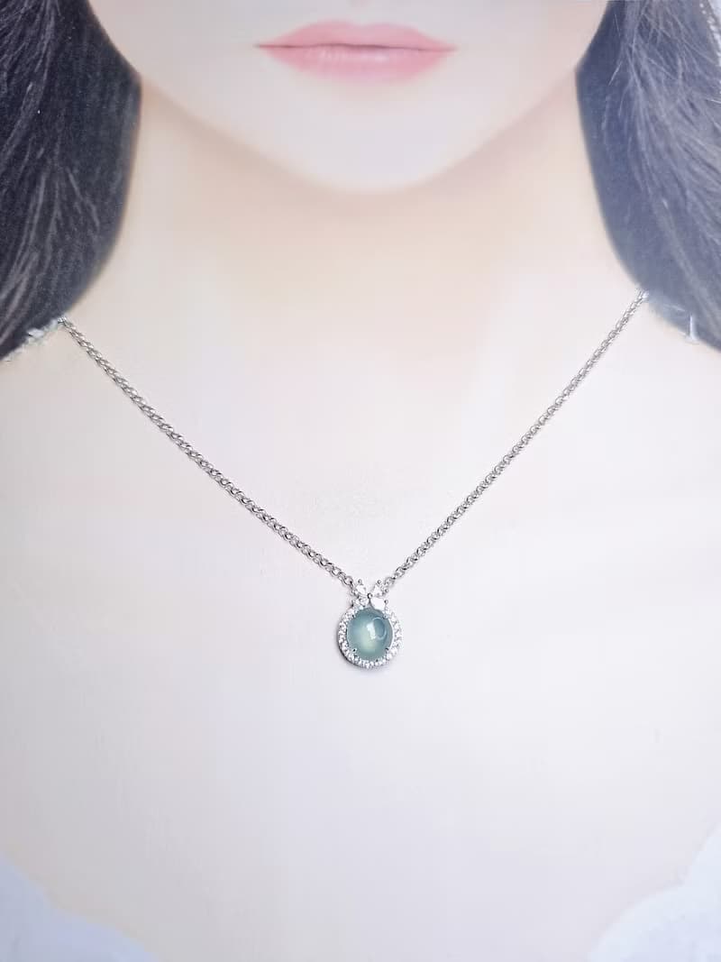|財富女神|A貨翡翠冰玻藍水起膠大蛋面9mm純銀鍍18k精緻加粗項鍊