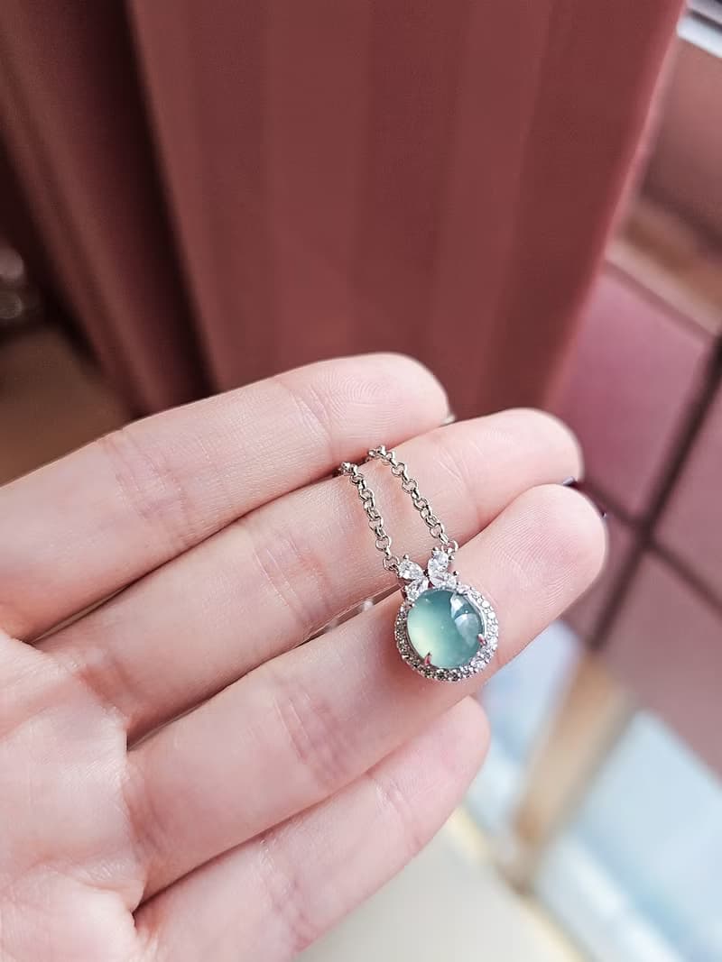 |財富女神|A貨翡翠冰玻藍水起膠大蛋面9mm純銀鍍18k精緻加粗項鍊