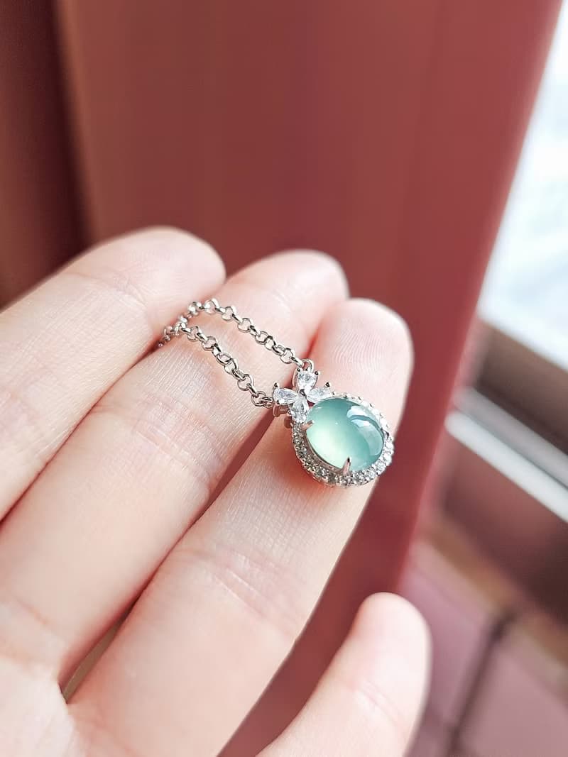 |財富女神|A貨翡翠冰玻藍水起膠大蛋面9mm純銀鍍18k精緻加粗項鍊