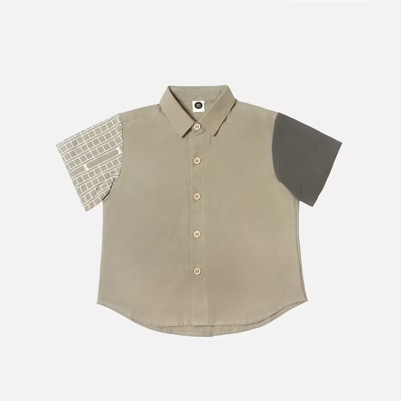 【童裝】稿紙印花拼接短袖襯衫-奶茶色