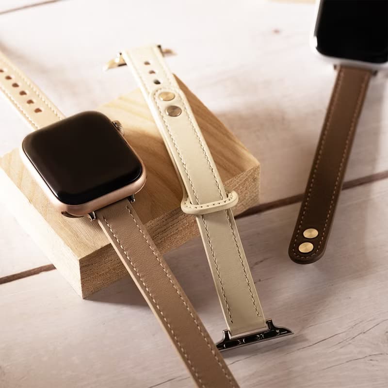 Apple watch - 車線真皮雙釘縮腰 apple watch 錶帶