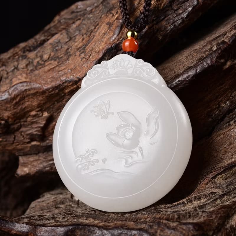 秒殺價 天然新疆和田玉羊脂玉花開富貴蝶戀花平安扣吊墜 玉質細膩