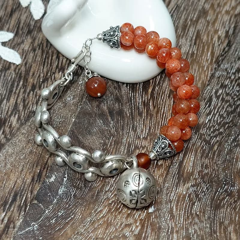 手鍊 日光石 金太陽石 含金亮礦物 三圈 紅瑪瑙 925銀飾 響鈴鐺