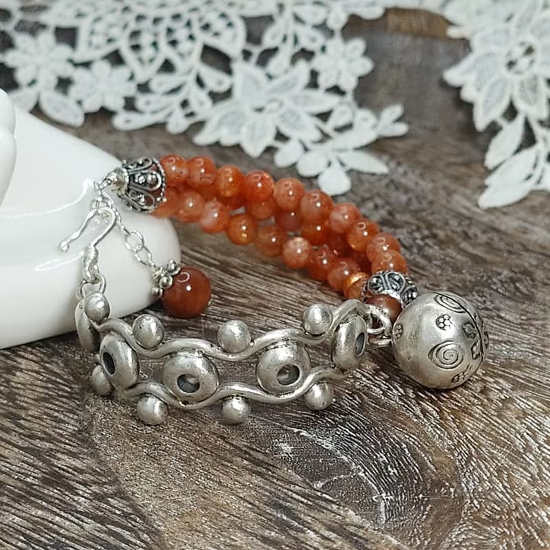 手鍊 日光石 金太陽石 含金亮礦物 三圈 紅瑪瑙 925銀飾 響鈴鐺