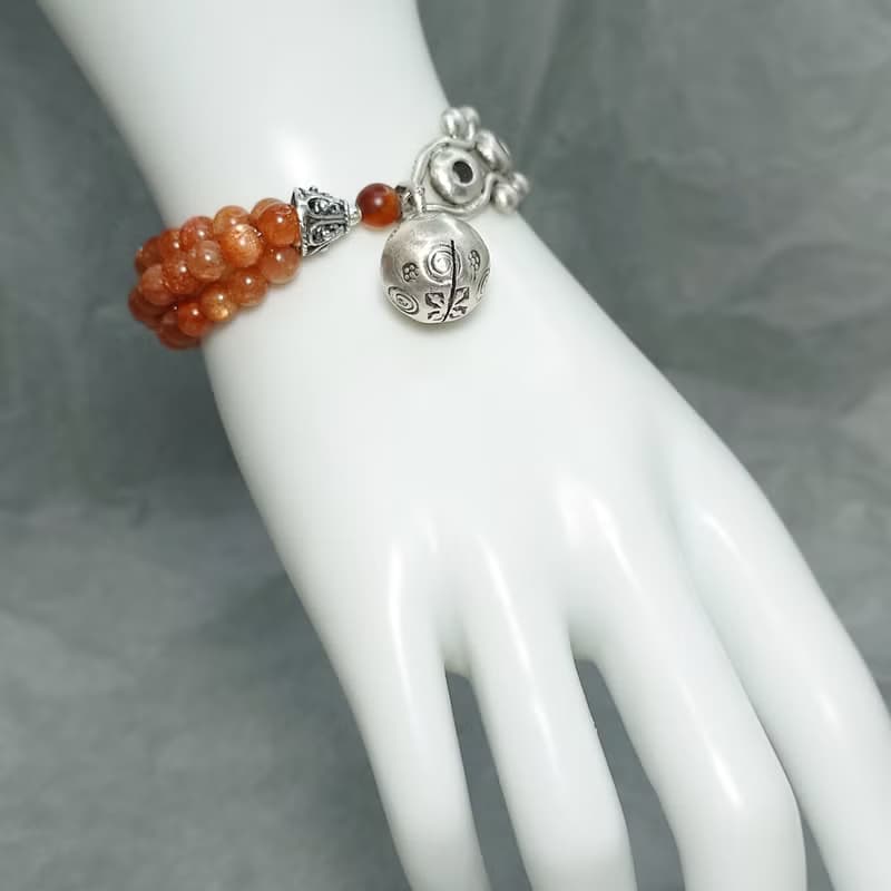 手鍊 日光石 金太陽石 含金亮礦物 三圈 紅瑪瑙 925銀飾 響鈴鐺