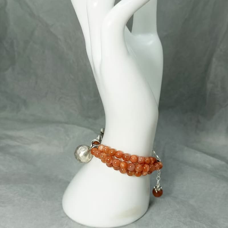 手鍊 日光石 金太陽石 含金亮礦物 三圈 紅瑪瑙 925銀飾 響鈴鐺